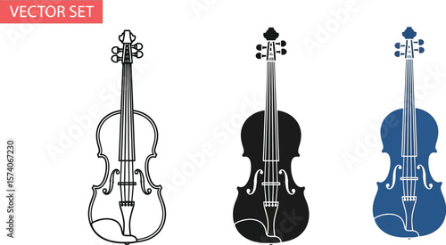 Three violin illustrations in line art black and white and blue vector set