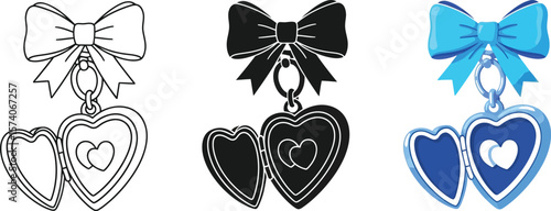 Three versions of a heart shaped locket with a bow on top in different styles