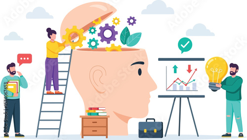 Illustration of people working on a head with gears and a light bulb and a chart