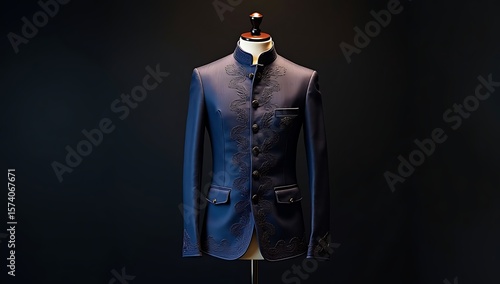 A traditional men’s Nehru jacket in deep navy blue displayed on a torso mannequin with dramatic side lighting and monochrome background for modern ethnic menswear lookbook.

