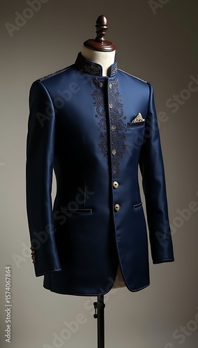 A traditional men’s Nehru jacket in deep navy blue displayed on a torso mannequin with dramatic side lighting and monochrome background for modern ethnic menswear lookbook.

