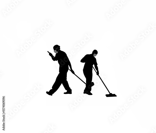 Silhouette of hospital staff mopping floor in full gear on white background