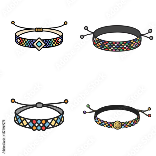 A set of four icons of handmade colorful bracelets with beaded and thread designs
