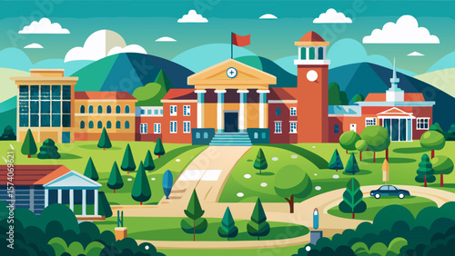 Vibrant illustration of a college campus with diverse buildings and lush green landscape
