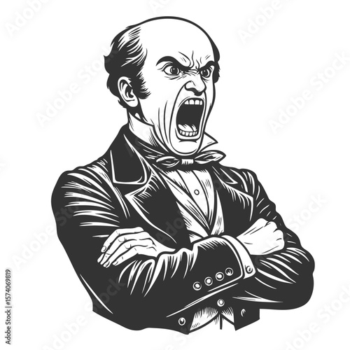angry man in formal Victorian clothing, yelling with arms defiantly crossed sketch engraving generative ai fictional character vector illustration. Scratch board imitation. Black and white image.