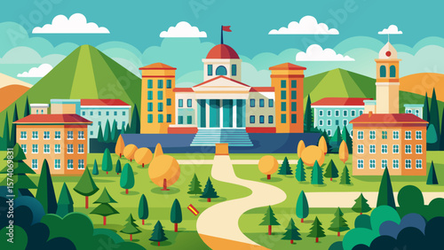Vibrant illustration of a college campus with classical architecture and lush green landscape