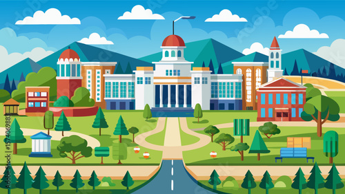 Vibrant university campus with modern and classical buildings and green landscape