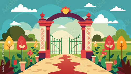 Beautiful garden entrance archway with open gates and winding path