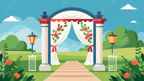 Beautiful outdoor wedding ceremony arch decorated with flowers and curtains