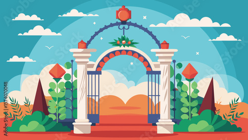 Decorative archway entrance with floral elements and cloudy sky