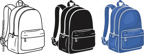Three backpacks shown in different styles outline black and blue illustration