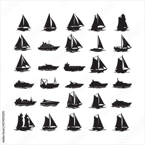 Boat and Ship Silhouette Vector Set – Sailboats, Yachts, and Vessels on White Background