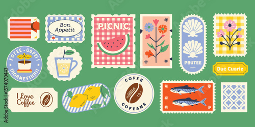 Summer Vector Stamp Set with Coffee, Picnic Food, Sardines, Croissant, Pasta, Shells, Lemon, Barbecue, Cameo, and Blue Tile Pattern