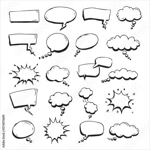 Hand-Drawn Comic Speech and Thought Bubbles Vector Set – Black and White Doodle Style on White Background