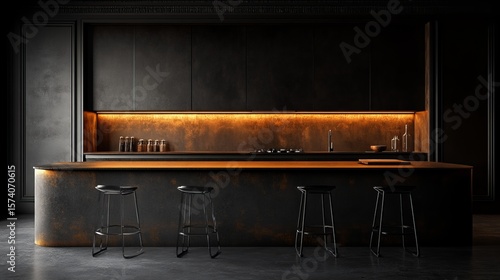 Sleek, dark kitchen with warm-toned backsplash lighting, featuring a long island and metal stools
