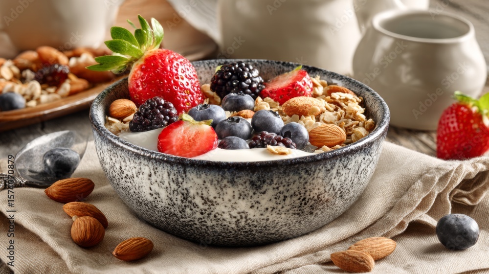 A healthy breakfast scene featuring almonds, granola, and fresh fruit in a ceramic bowl. A healthy breakfast scene featuring almonds, granola, and fresh fruit in a ceramic bowl.