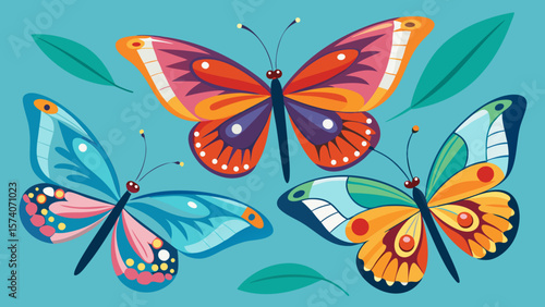 Three colorful stylized butterflies with patterned wings on a teal background