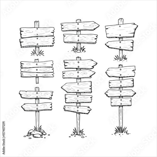 Hand-Drawn Wooden Signpost Vector Set – Rustic Directional Signs on White Background