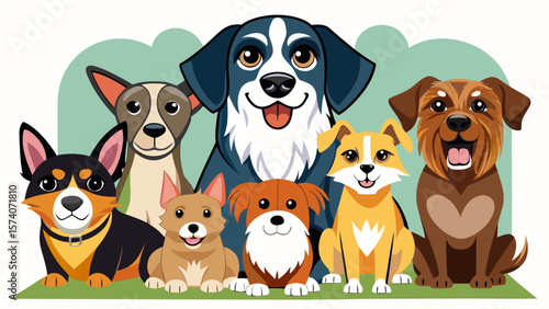 A cheerful group of diverse cartoon dogs posing together outdoors on a sunny day