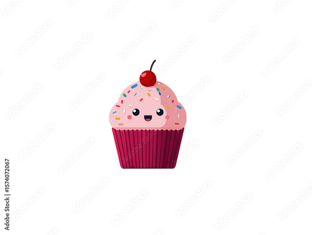 A cheerful pink cupcake with colorful sprinkles and a cheery cherry on top, boasting a cute kawaii face. A cheerful pink cupcake with colorful sprinkles and a cheery cherry on top, boasting a cute kawaii face.