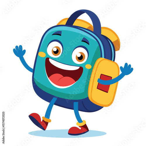 Cartoon backpack character with happy expression, waving