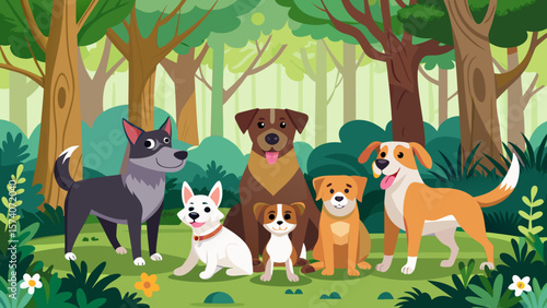 A diverse group of happy dogs enjoying a sunny day in a lush forest