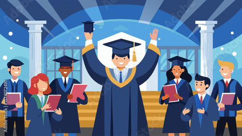 Diverse group of happy graduates celebrating commencement ceremony with diplomas