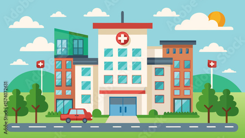 Modern hospital building exterior with medical cross flags and a car