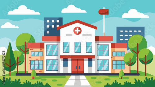 Modern flat design illustration of a hospital building with trees and clouds