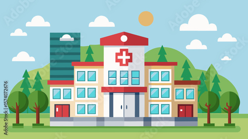 Modern flat design hospital building with trees and clouds in the background