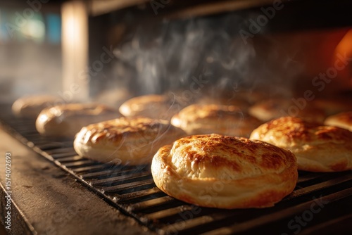 Freshly baked pastries steaming from a commercial oven