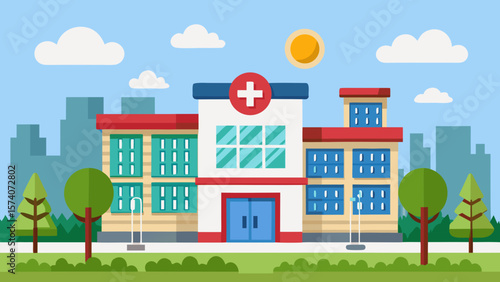 Modern flat design hospital building with medical cross and city skyline