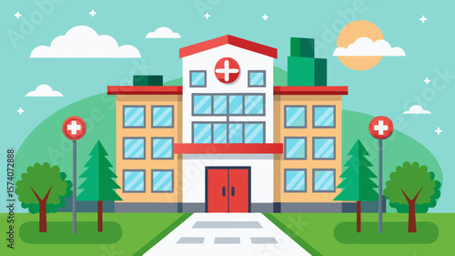 Modern flat design illustration of a hospital building with trees and clouds