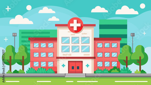 Modern flat design hospital building with red cross symbol and trees