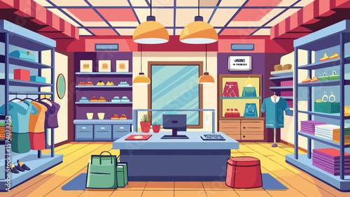 Interior of a modern clothing boutique with racks of apparel and a checkout counter