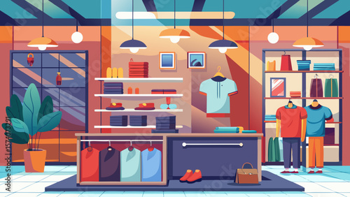 Modern clothing store interior with apparel display and fashionable merchandise