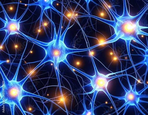 Seamless Neuron Network Pattern with Glowing Connections on Dark Background