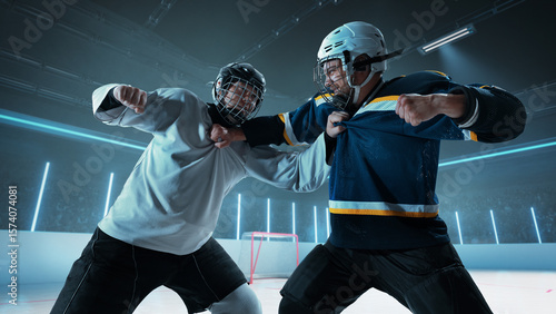 Photography Two hockey players fighting on the 3D ice rink during a competitive game, tension is high