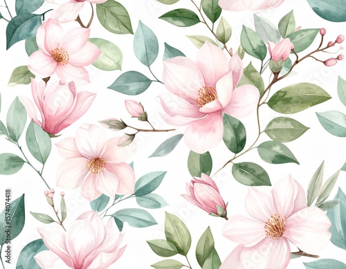 Seamless Spring Floral Texture with Soft Pink and Green Watercolor Flowers