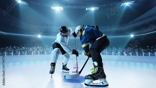 Two players in full gear preparing for face-off as the puck is about to drop, on 3D ice rink. Concept of professional sports coverage, sportsmanship and sports preparation