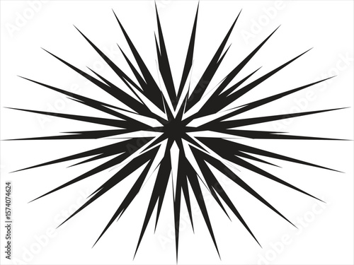 This bold and dynamic abstract illustration showcases a black radial burst composed of sharp, elongated triangular spikes emanating from a central point. The symmetrical composition and varying spike 