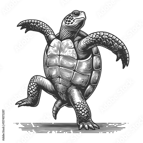 turtle dancing sketch engraving generative ai vector illustration. Scratch board imitation. Black and white image.