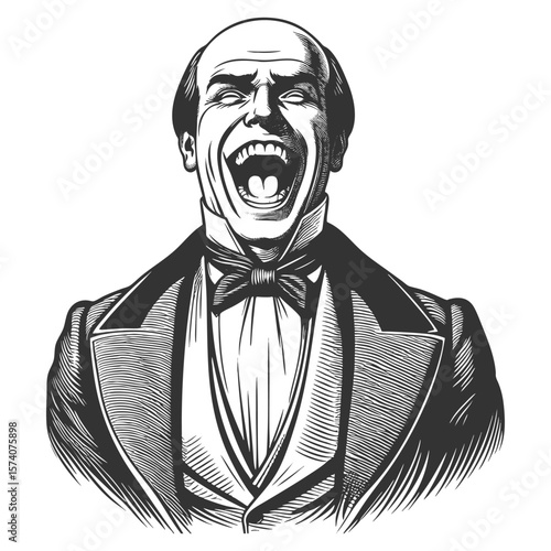 Victorian-era man in a suit, laughing loudly with a wide-open mouth and expressive joy sketch engraving generative ai fictional character vector illustration. Scratch board. Black and white image.