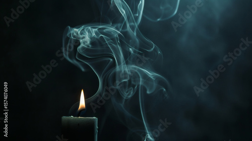 A wisp of smoke rising from an extinguished candle	A graceful, delicate wisp of white smoke rises in an elegant, swirling pattern from the wick of a recently extinguished candle against a dark backgro