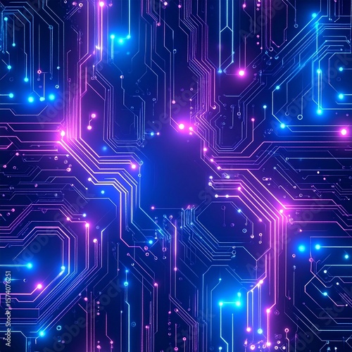 Seamless Cyberpunk Neon Circuit Board Texture with High Contrast and Tech Vibe