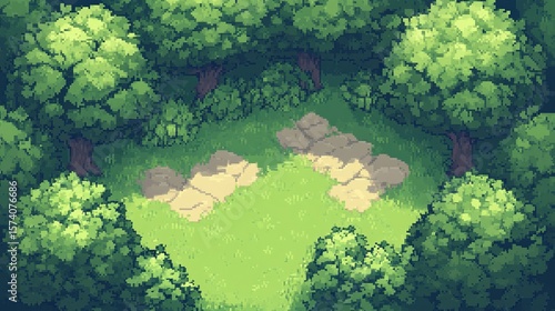 Lush green forest clearing with a stone path, viewed from above.  Sunlight dapples the grass