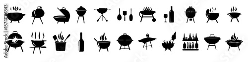 BBQ Grill and Outdoor Cooking Silhouettes Vector Set - Barbecue Party & Picnic Icons