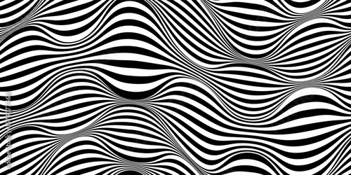 Wavy psychedelic zebra seamless bg with black and white stripes. Creates groovy an optical illusion effect. Psychedelic vector design.