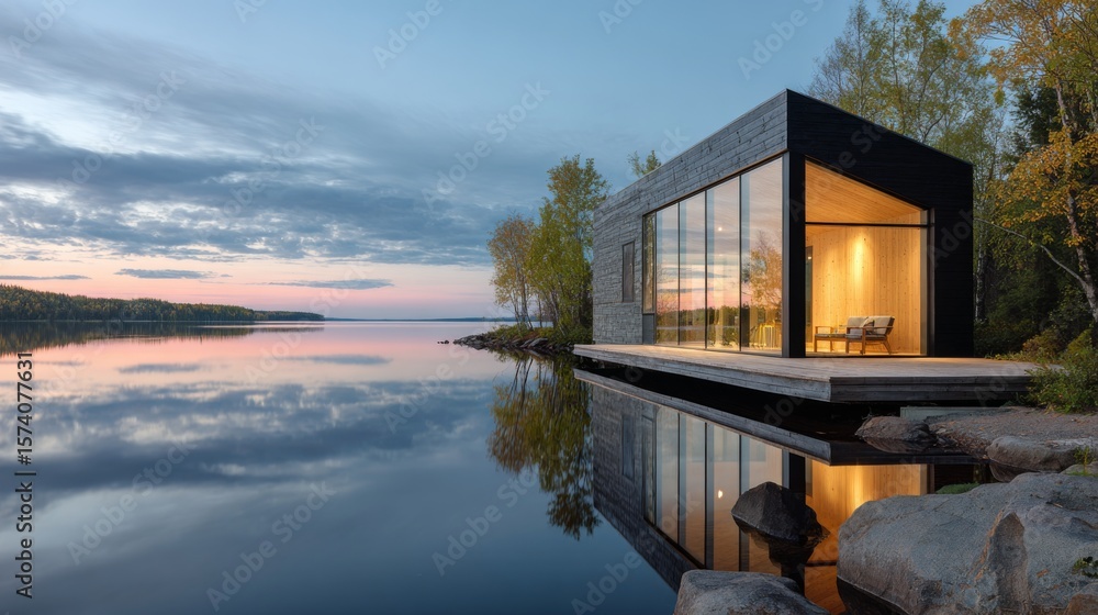 Fototapeta premium A modern minimalist cottage with large glass windows, overlooking a serene lake.