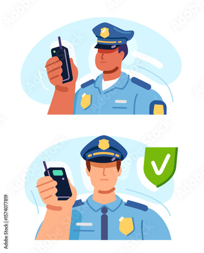 Police officer talking to radio or portable communication device. Law enforcement, representative of state security